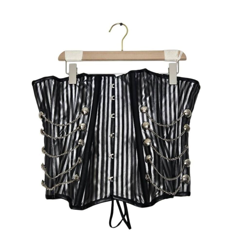 Silver Black Boned Corset Size 28 Stripe Button Chain Heavy Burlesque Steampunk